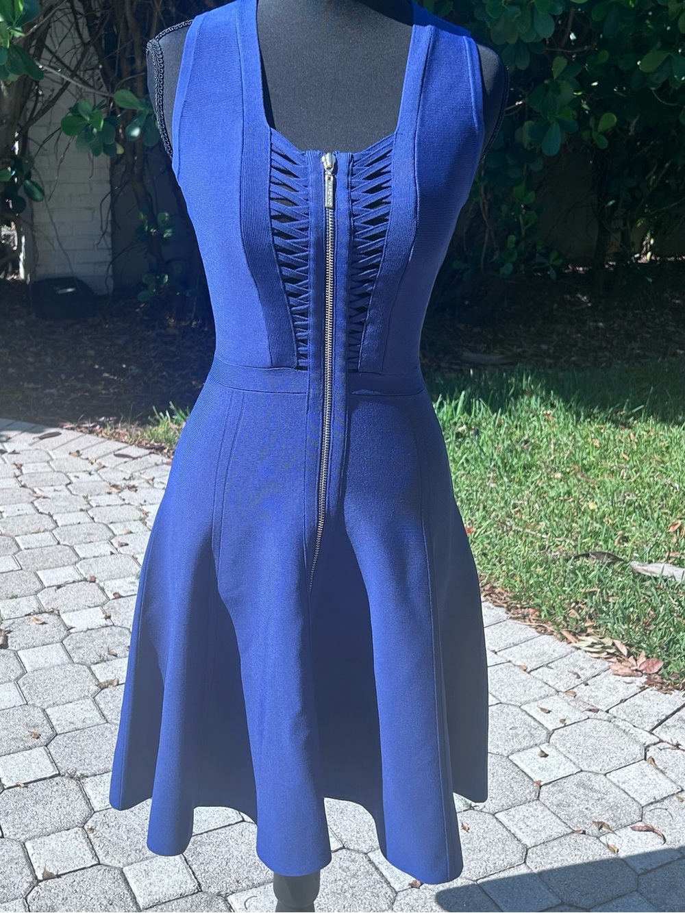 Marciano Royal Blue Sleeveless Bandage Fit-and-Flare Dress with Front Zipper